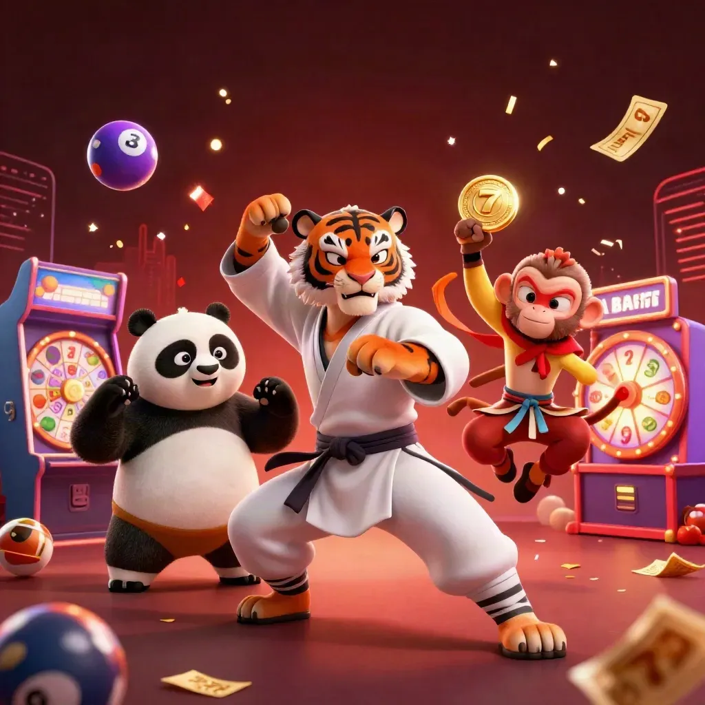 Tiger, panda and monkey casino mascots amid reels, balls, confetti and purple sparks.