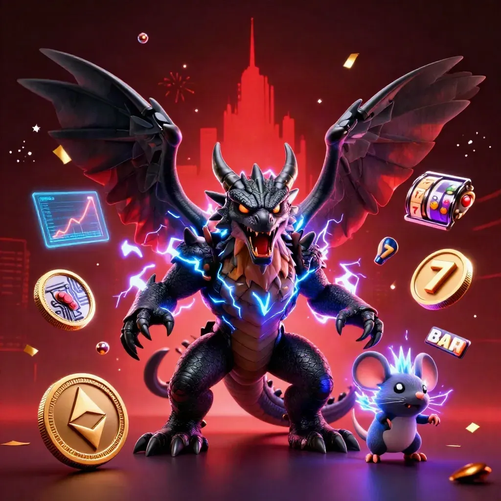 Thunder dragon, hawk, and mouse amid neon coins, slot symbols, and red lightning.