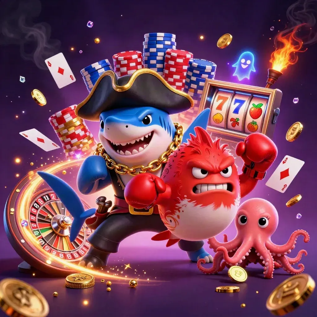 Pirate shark, boxing pufferfish, and juggling octopus amid neon coins and casino magic.