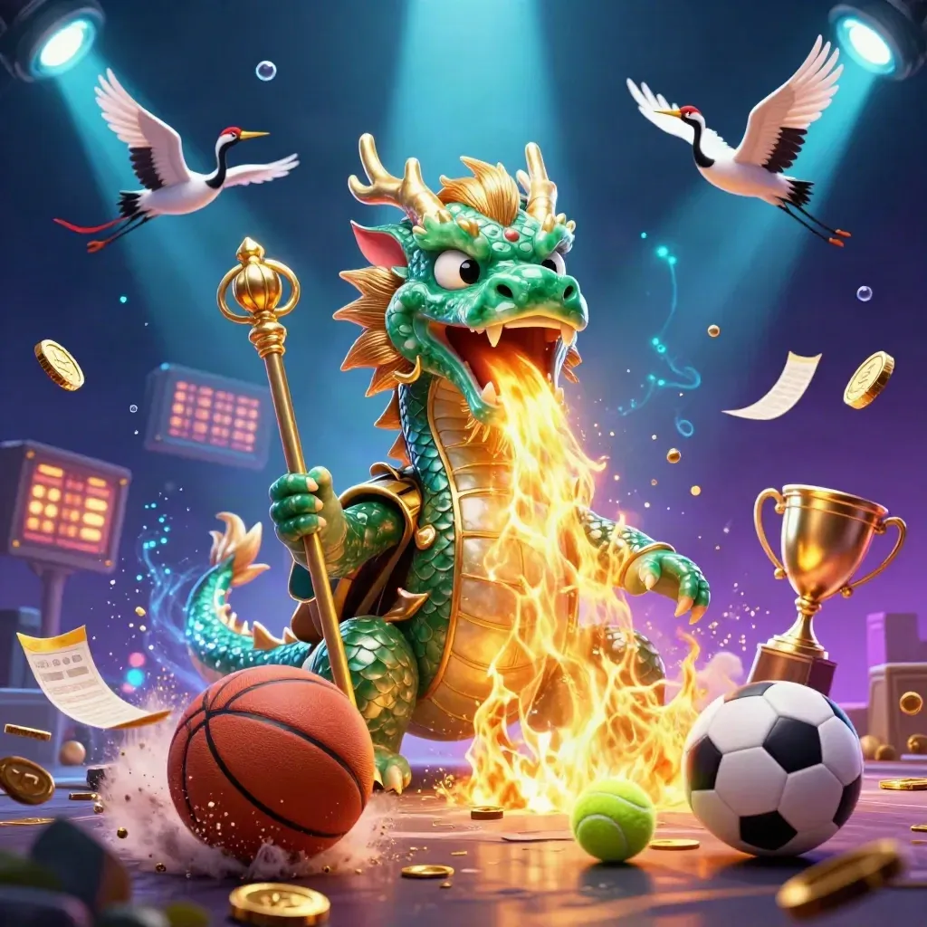 Jade dragon, turtle sage and cranes amid a blazing basketball, coins, lights and magic.