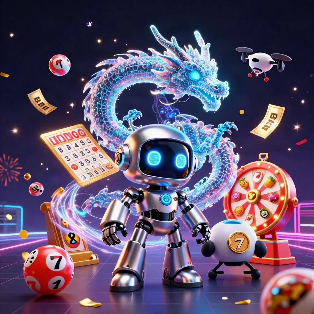 Robot, AI dragon and drone burst through neon casino effects in a dark Viking-inspired scene.