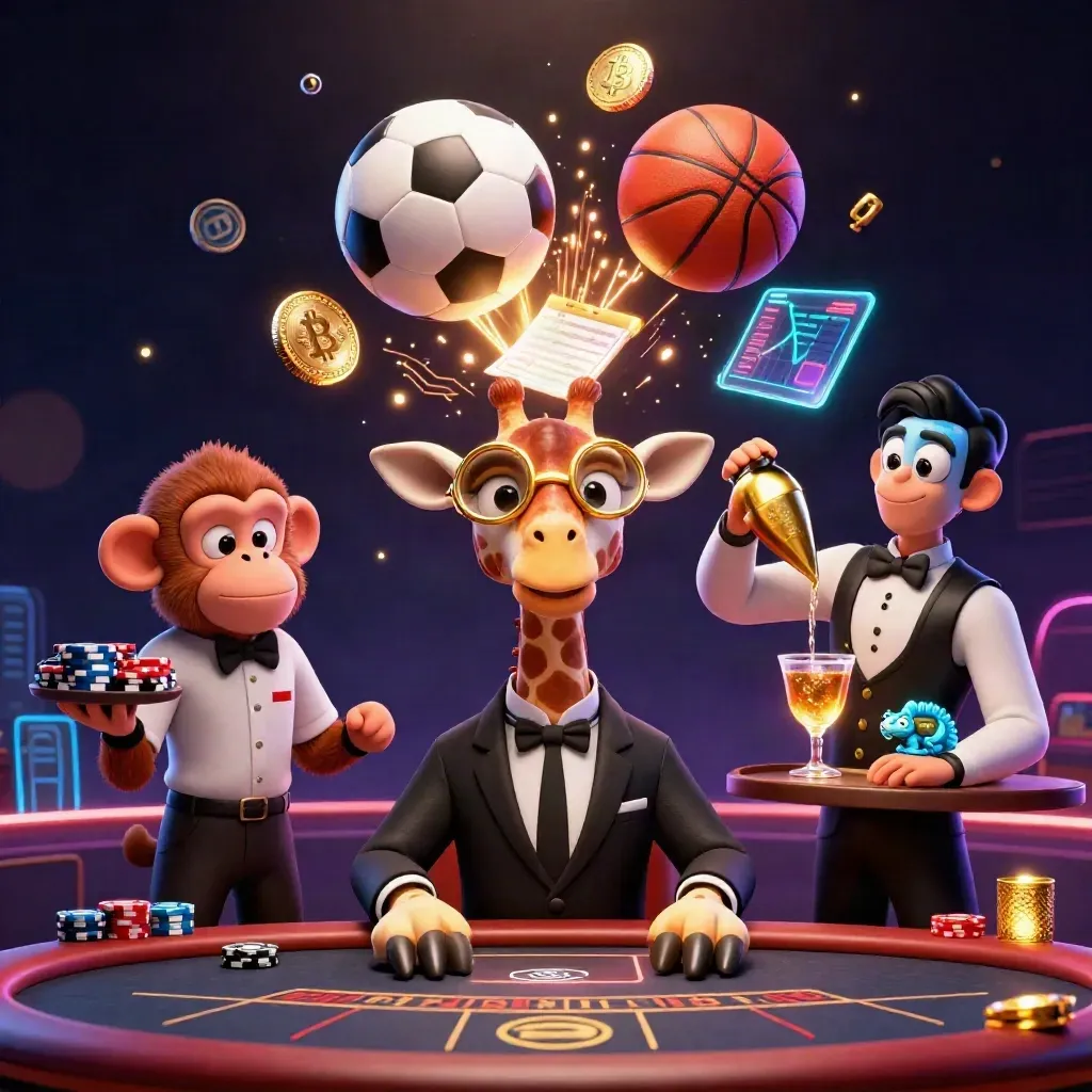 Neon casino heroes pose with sports balls, chips, and glowing tech on a dark grid.