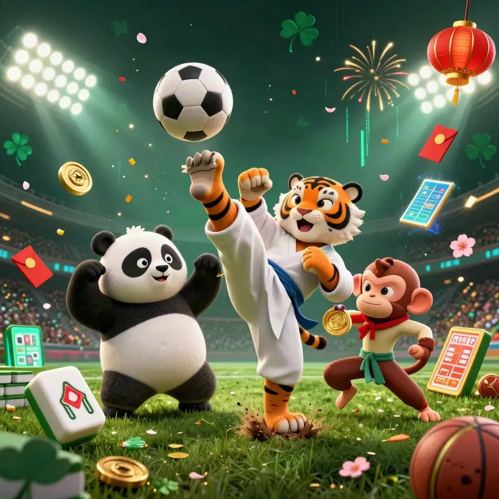 Tiger, panda, and monkey kick through a soccer ball amid casino-game explosions and neon lights.