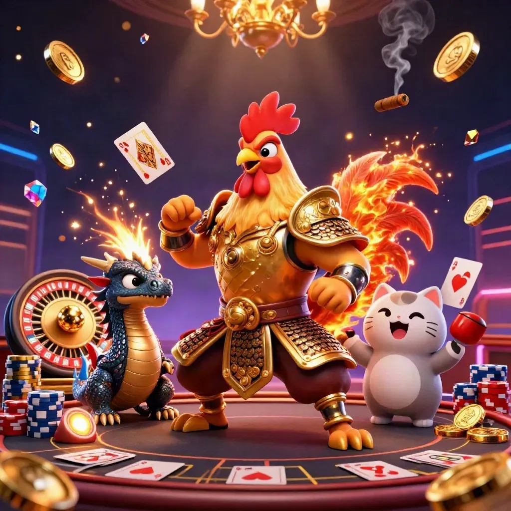 Rooster warrior, dragon hatchling, and fortune cat in a neon casino burst with coins and roulette.