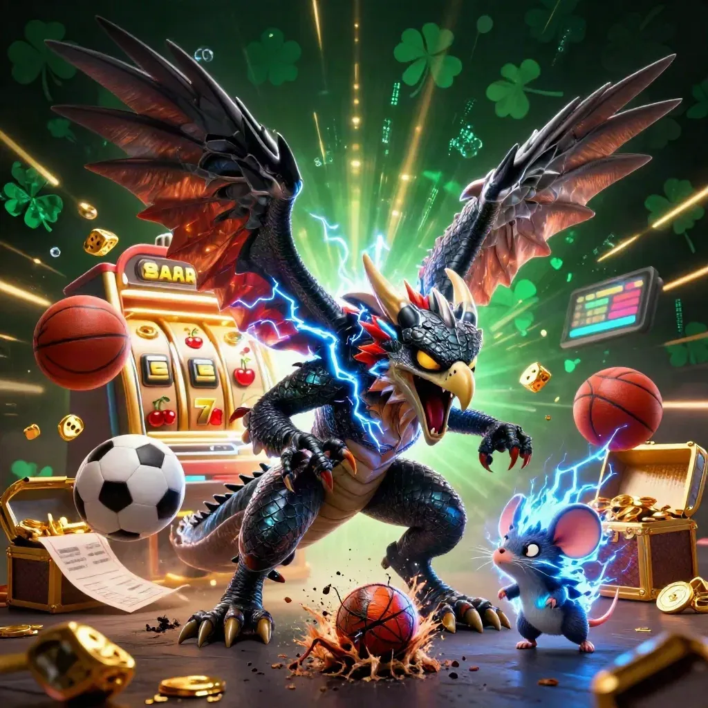Thunder dragon, hawk and static mouse amid casino loot and sports balls, ground-level chaos.