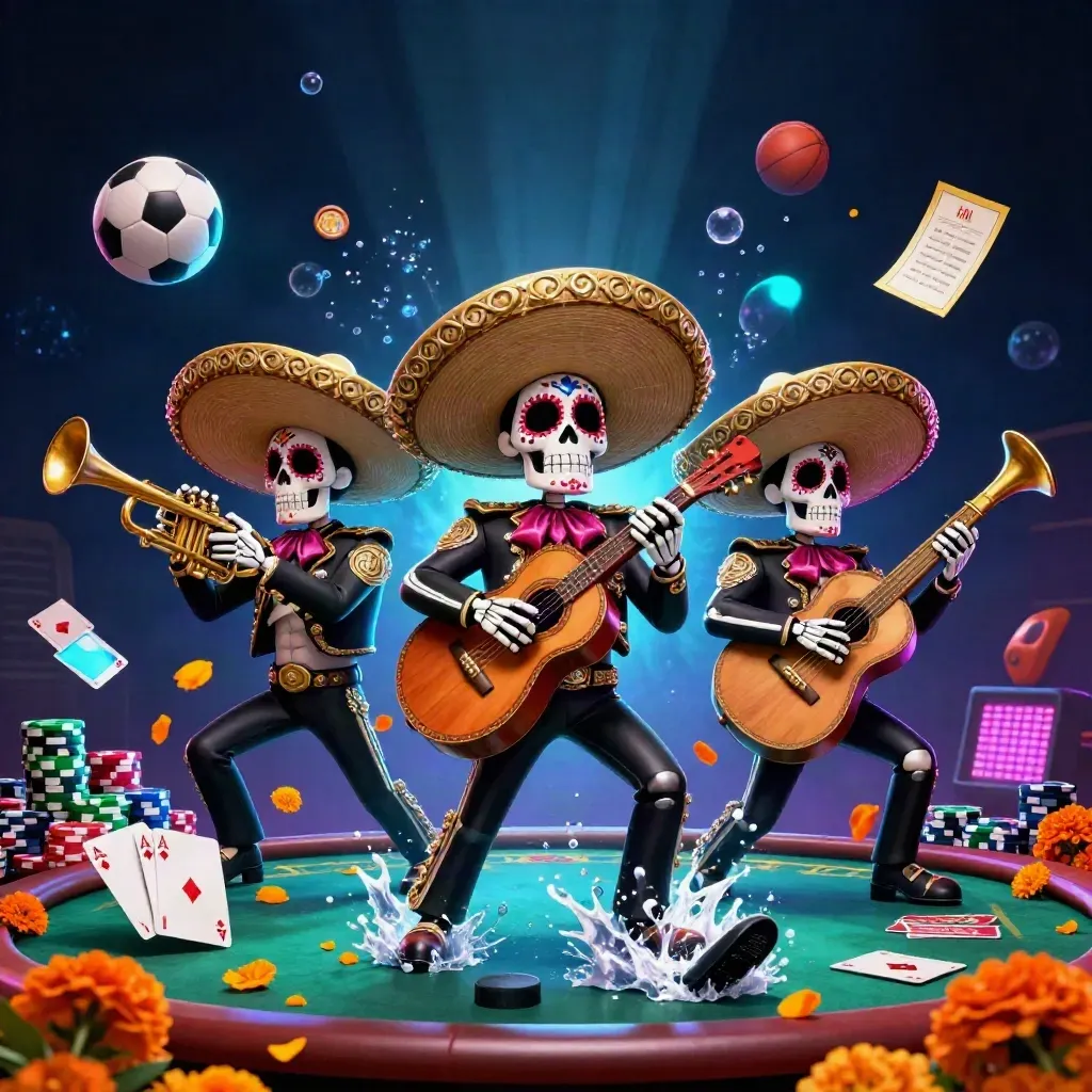 Skeleton mariachi trio with casino props, hockey spray, glowing neon effects, and sports balls