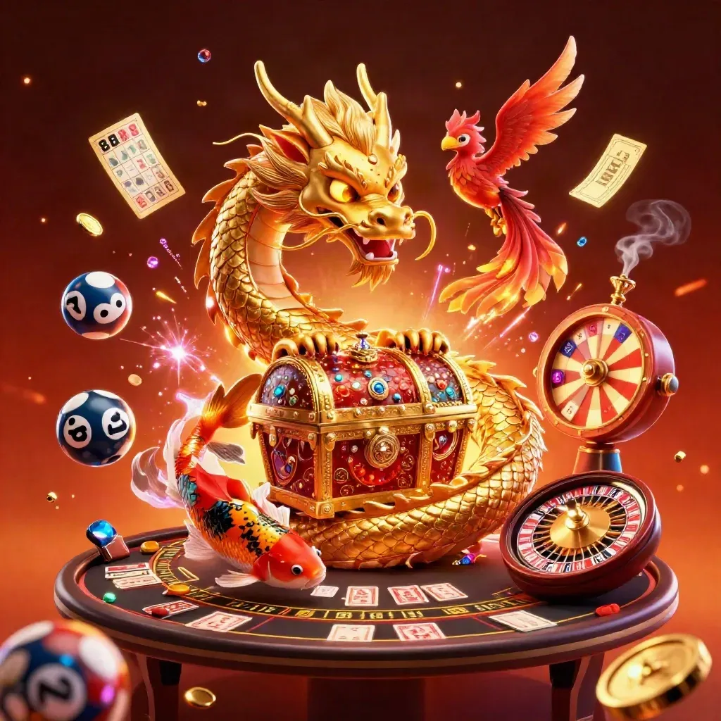 Golden dragon and phoenix in a casino scene with treasure, wheel, balls, cards, and glowing lights.