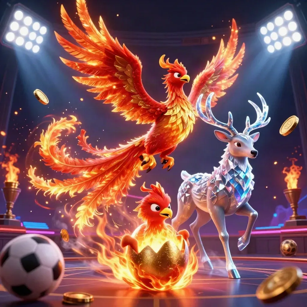 Fire phoenix, hatchling, and stag amid casino lights, sports balls, coins, and neon grid.