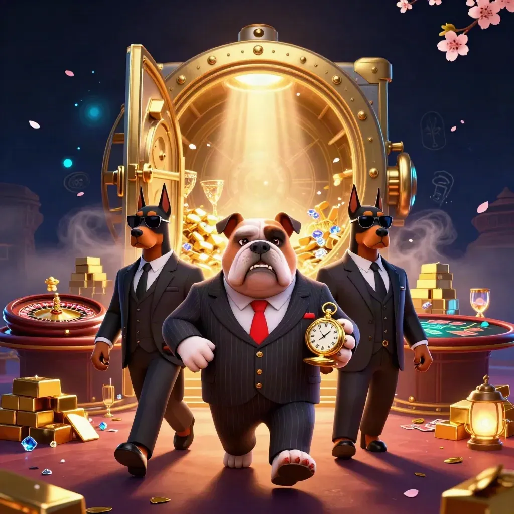 Bulldog boss and Dobermans amid gold, vault light, and casino glam