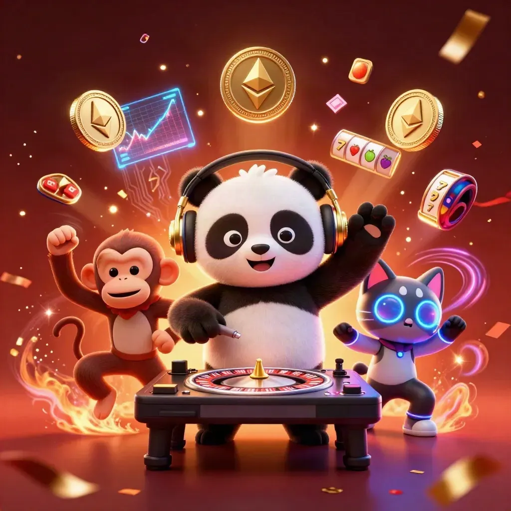 3D panda DJ, breakdancing monkey, and glow-stick kitten amid crypto coins and casino effects