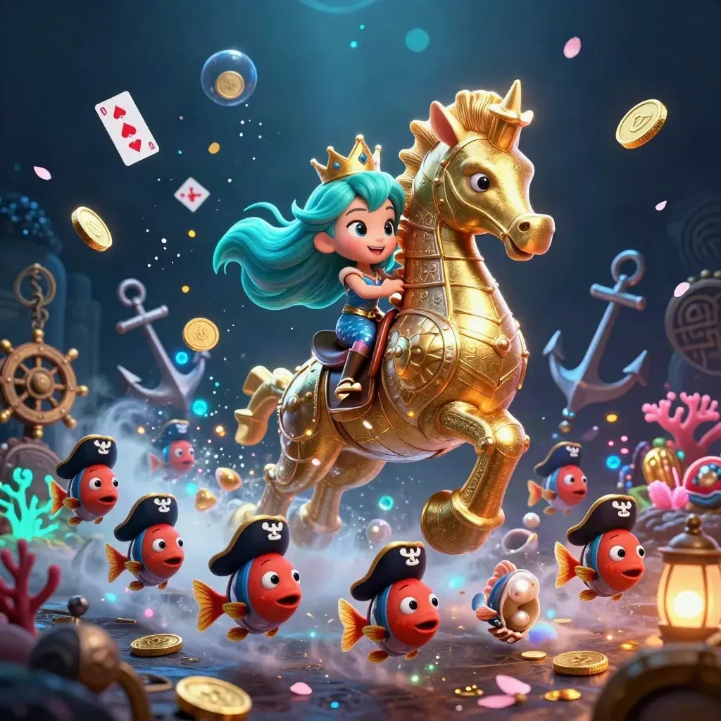 Mermaid princess on golden seahorse in an underwater treasure cove, coins and magic bursting outward