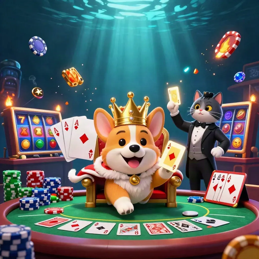 Royal corgi and cat butler amid poker chips, cards, slot reels, and icy casino glow