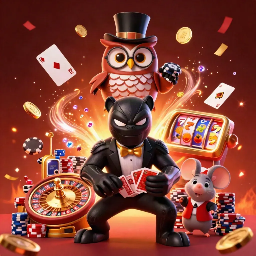 Panther, owl, and mouse erupting with chips, coins, cards, and blue-red casino magic