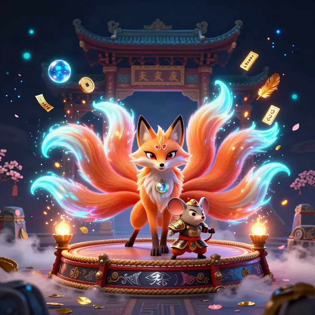 Nine-tailed fox spirit and gold-armored mouse amid temple gate, coins, runes and blue magic.