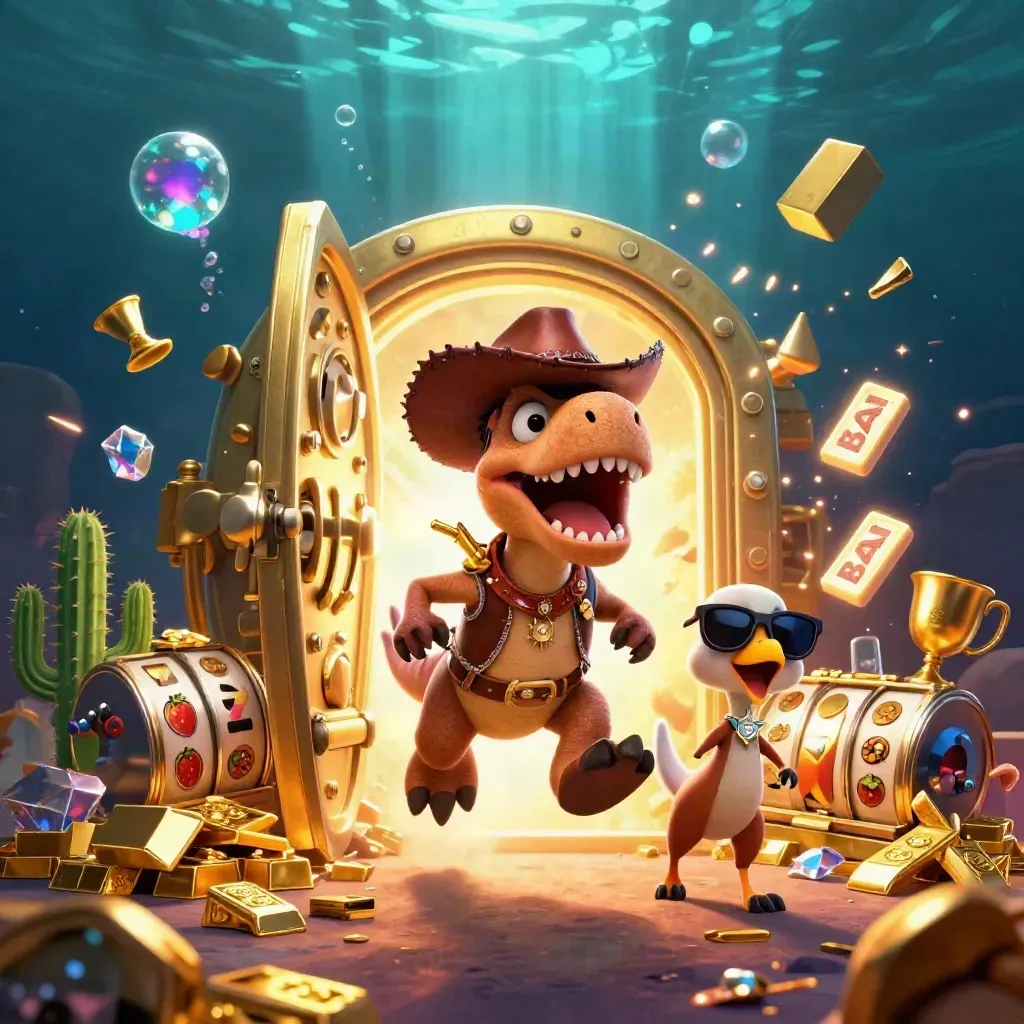 Cowboy T-Rex, cactus sidekick, and sheriff roadrunner burst from a golden vault underwater.