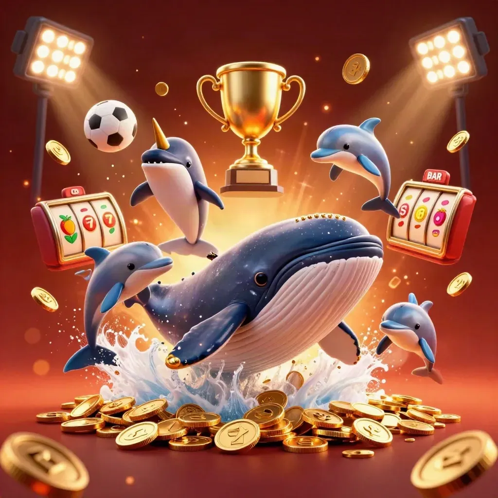 Whale captain, narwhal, and dolphins burst through coins with casino sports symbols and fiery glow.