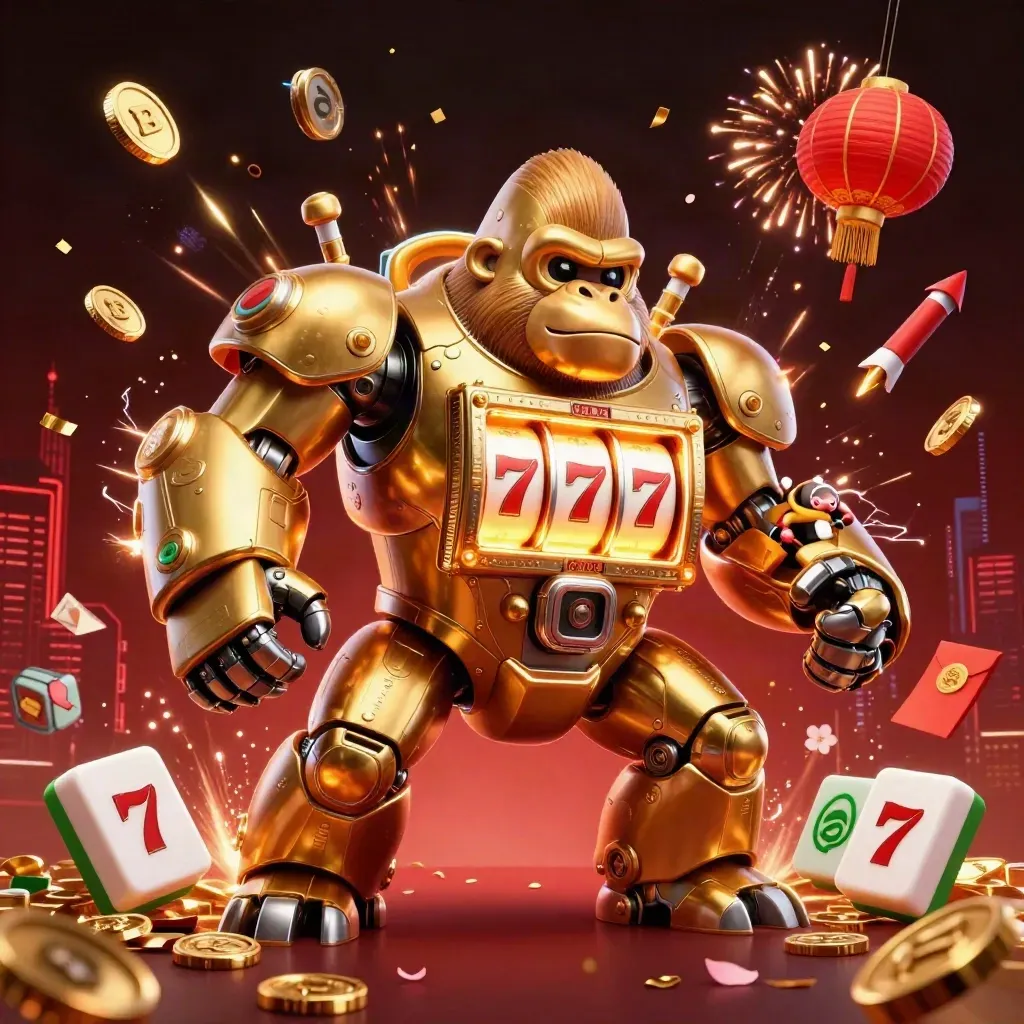 Golden gorilla mech bursts with coins, reels, fireworks, and a tiny monkey pilot.