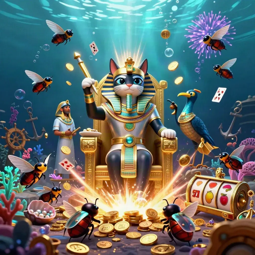 Pharaoh cat throne amid coin shower, ibis scribe, gem-wing scarabs, glowing underwater treasure