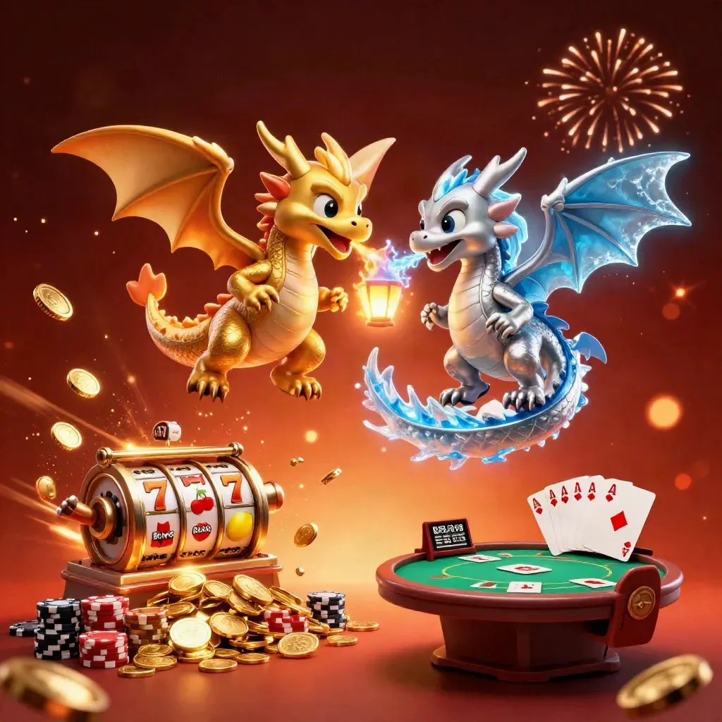 Twin gold and silver dragons erupt from a vault with coins, chips, reels and fireworks.