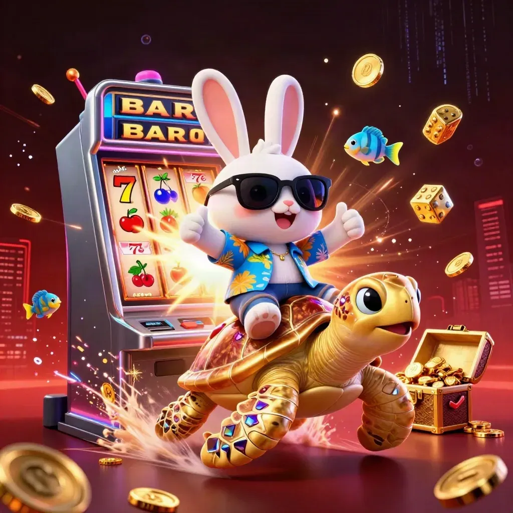 Lucky rabbit rides gem-shell sea turtle as slots burst with gold coins, fireworks, and neon casino energy.