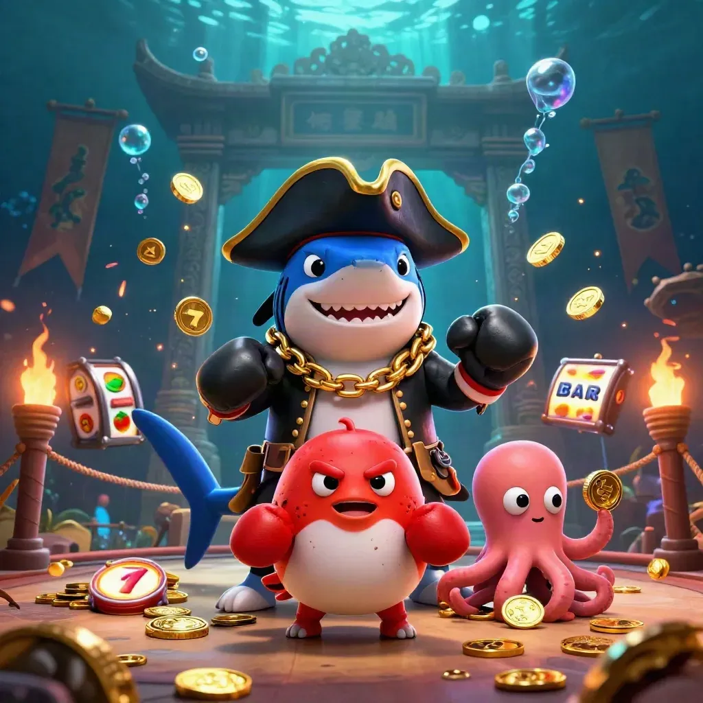 Pirate shark, boxing pufferfish, and coin-juggling octopus in a glowing underwater casino battle scene.