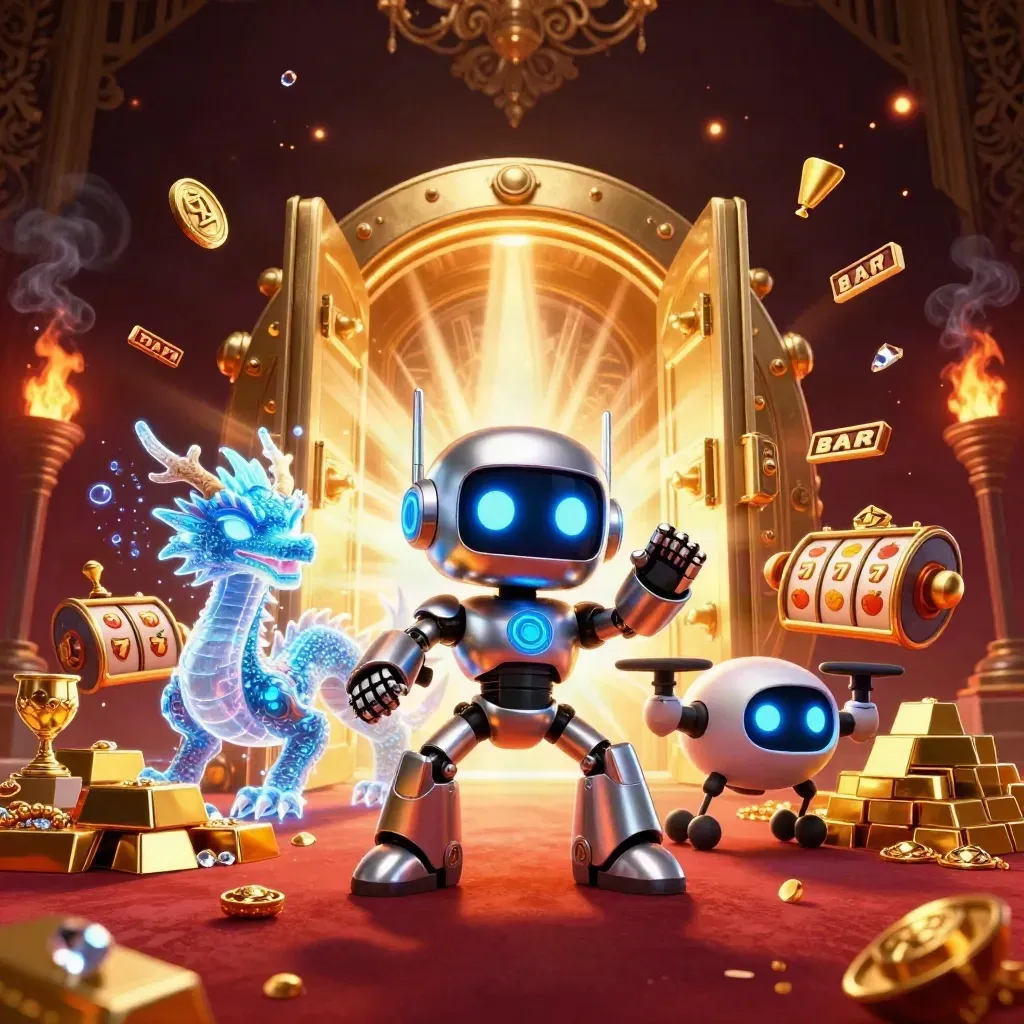 Robot mascot, holographic dragon, and coin drone erupt from a treasure vault with casino riches