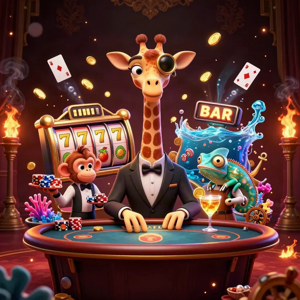 Giraffe high roller, monkey valet, and chameleon bartender amid casino treasure bursts.