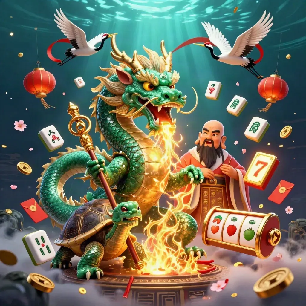 Jade dragon, turtle sage, and cranes amid slots, coins, lanterns, and teal-blue fantasy light.
