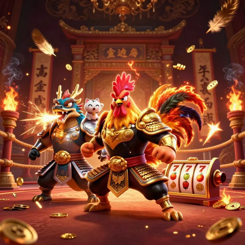 Viking casino key art with rooster warrior, dragon hatchling, fortune cat, coins, sparks
