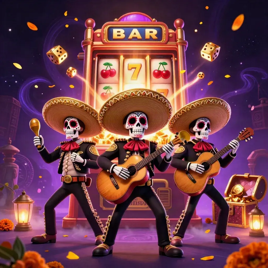 Three skeleton mariachi heroes with a bursting slot machine, gold, runes, and neon casino energy.